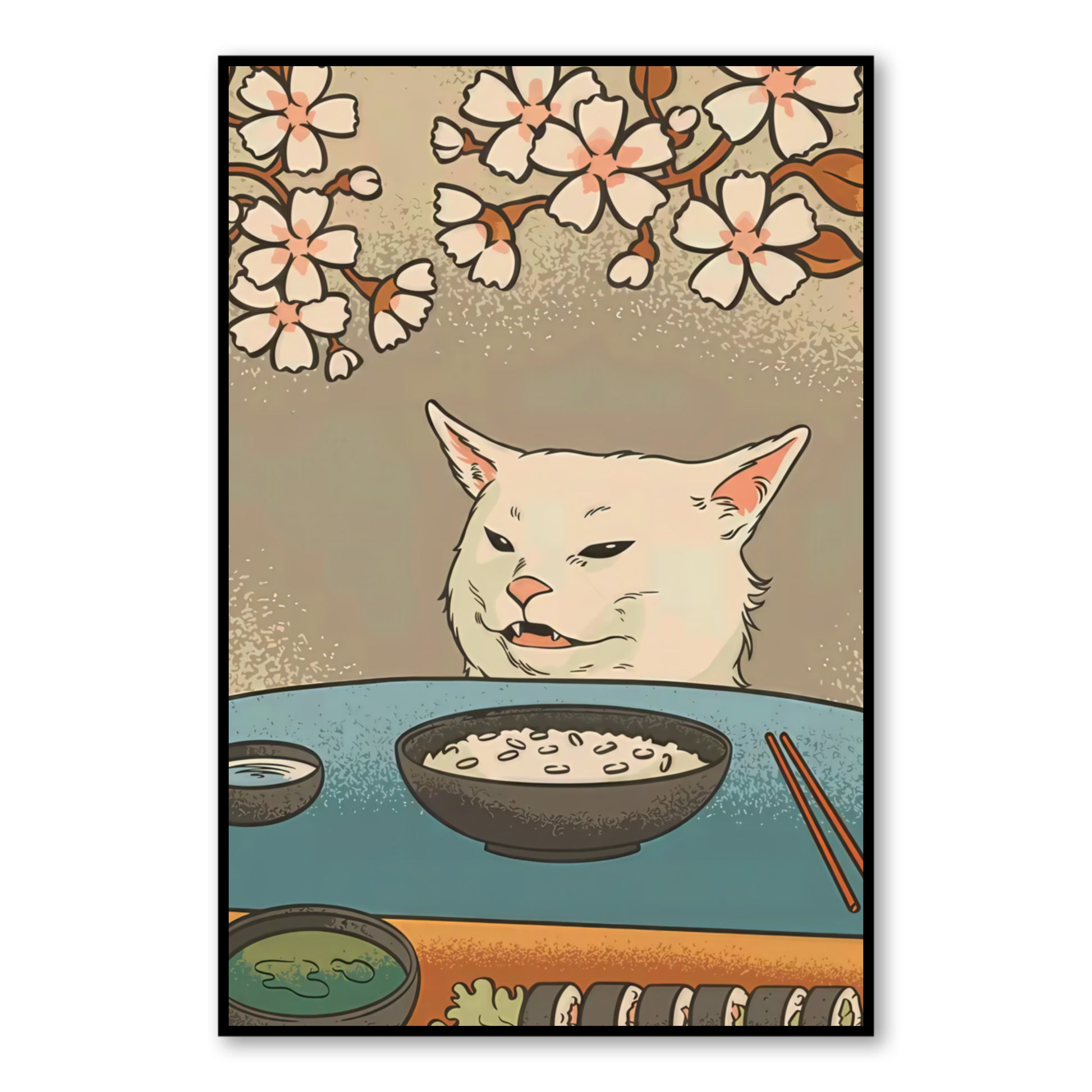 Sushi Cat Meme Poster – Japanese Art Style “Smudge the Cat” Print close-up of full artwork