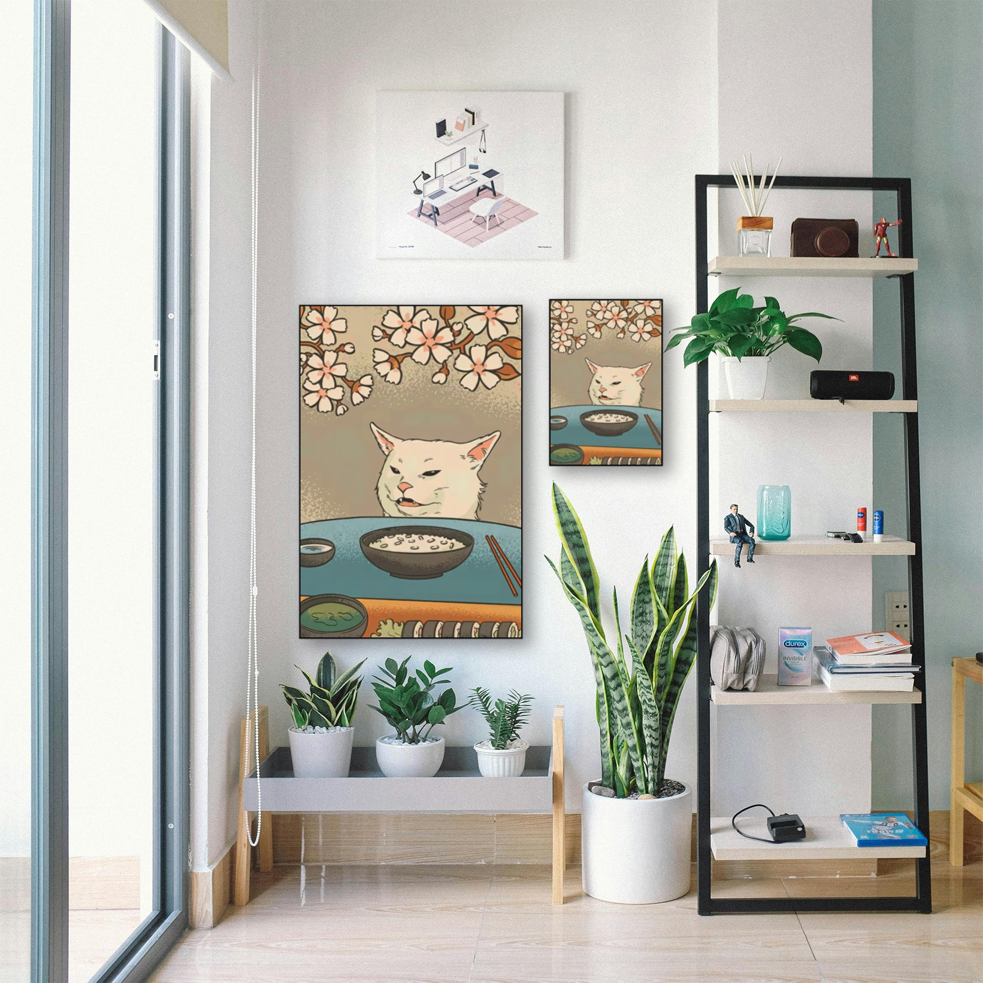 Sushi Cat Meme Poster – Japanese Art Style “Smudge the Cat” Print displayed in bright room with plants and shelf