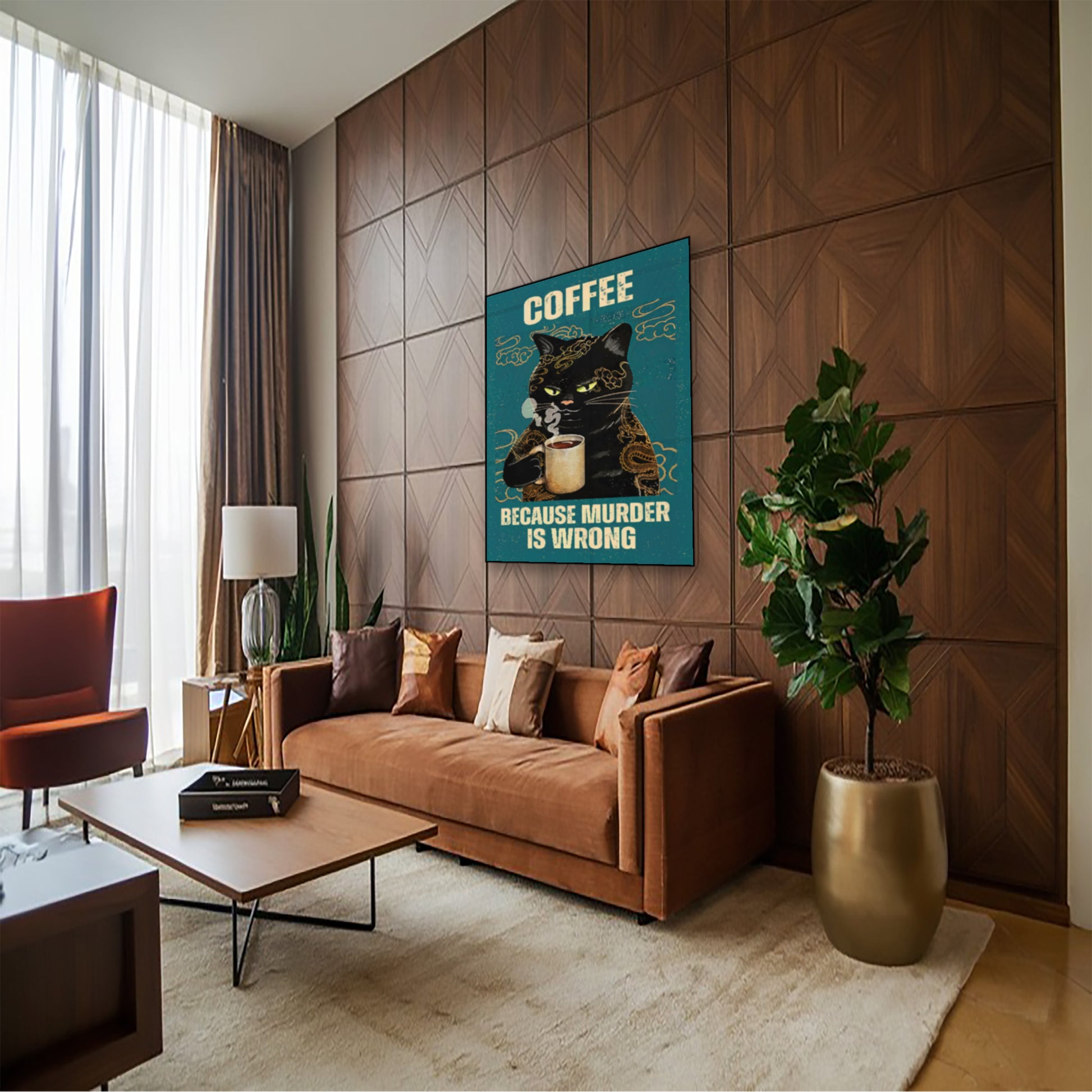 Coffee Cat Poster – “Because Murder Is Wrong” Funny Wall Art Print hung above couch in contemporary living room