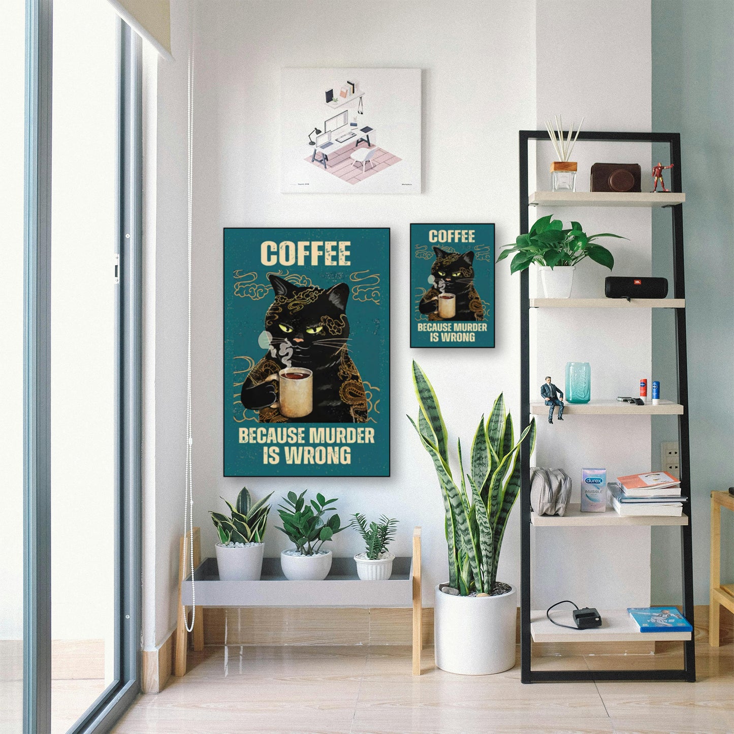 Coffee Cat Poster – “Because Murder Is Wrong” Funny Wall Art Print displayed in bright room with plants and shelf