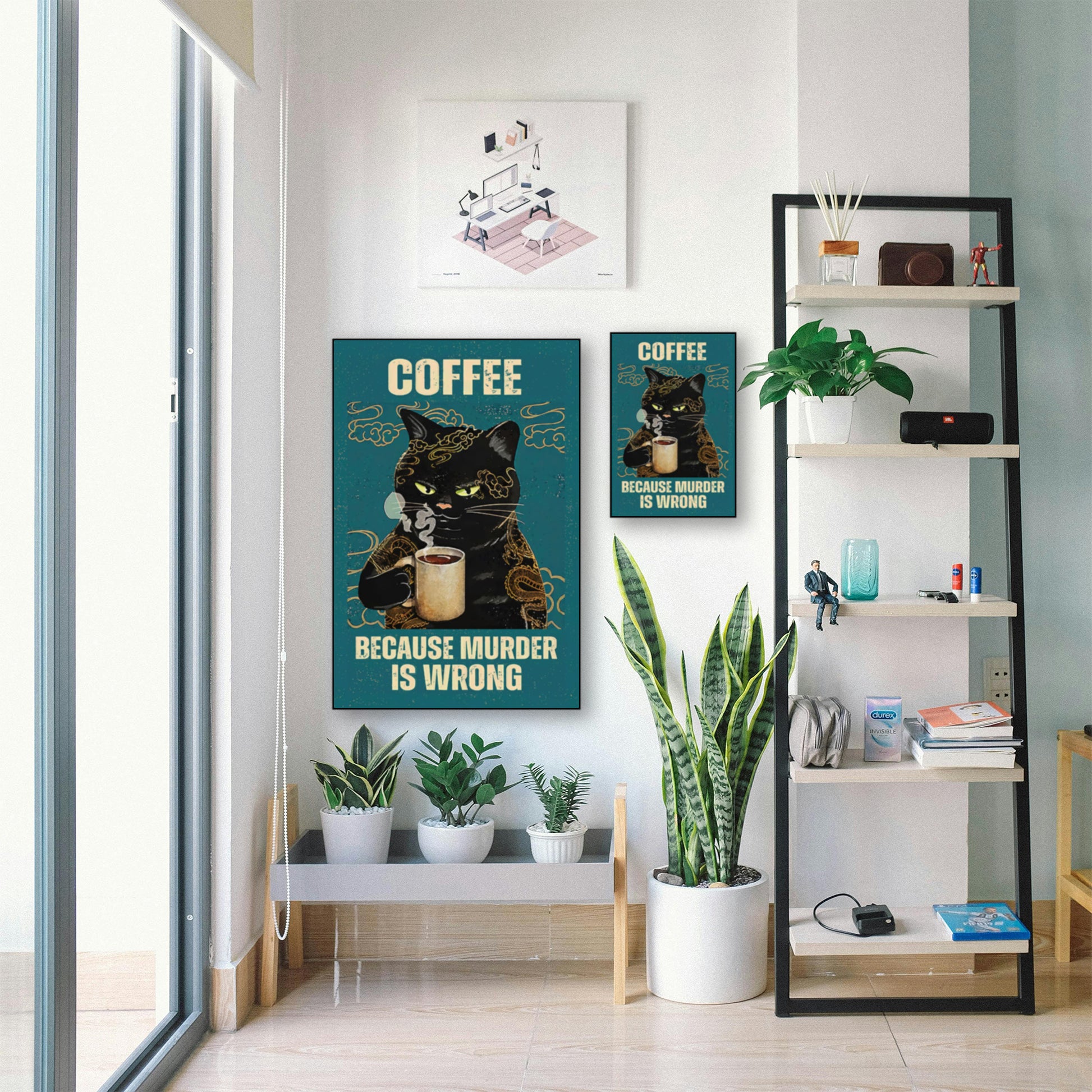 Coffee Cat Poster – “Because Murder Is Wrong” Funny Wall Art Print displayed in bright room with plants and shelf