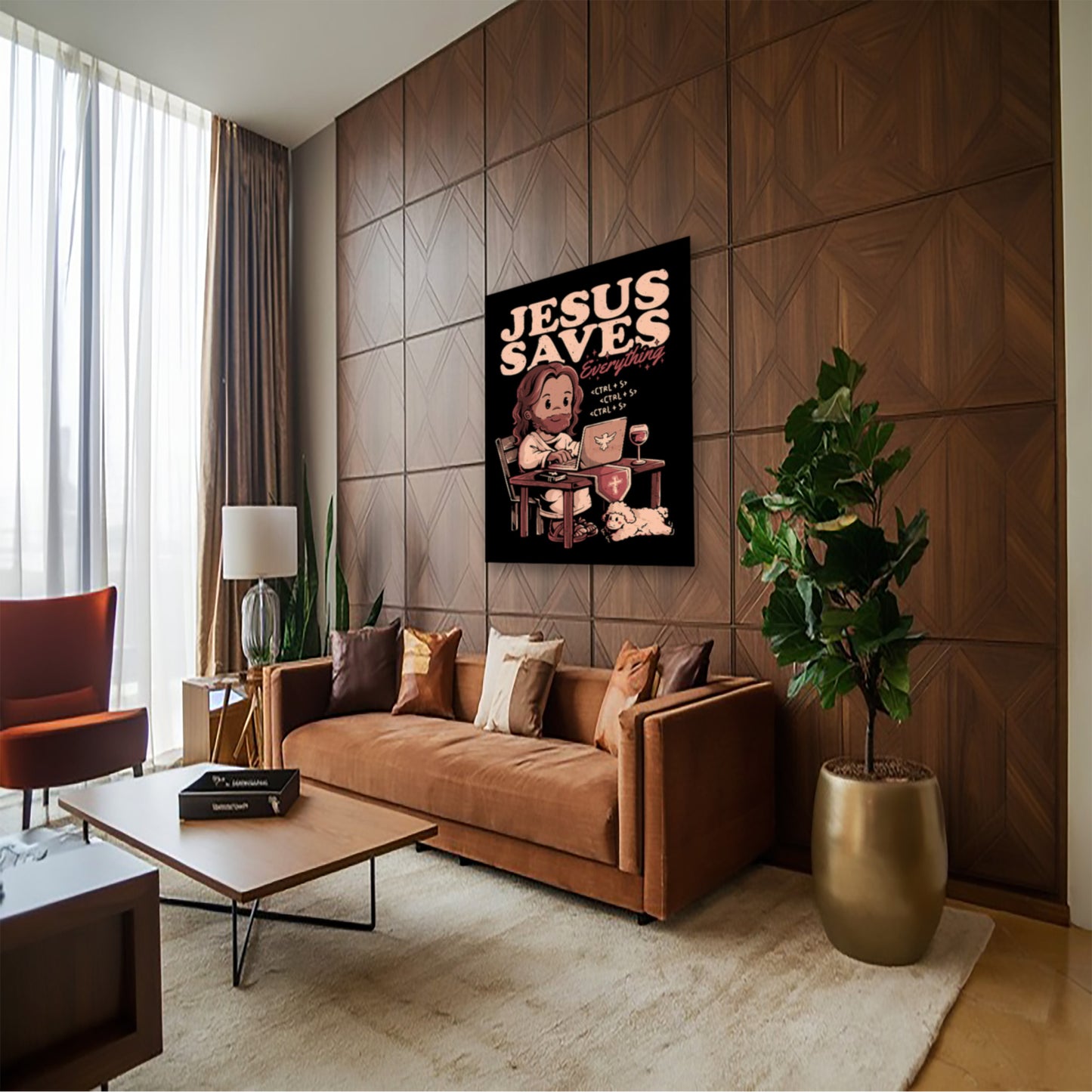 Techie Jesus Poster – Hilarious Christian Computer Pun Wall Decor hung above couch in contemporary living room