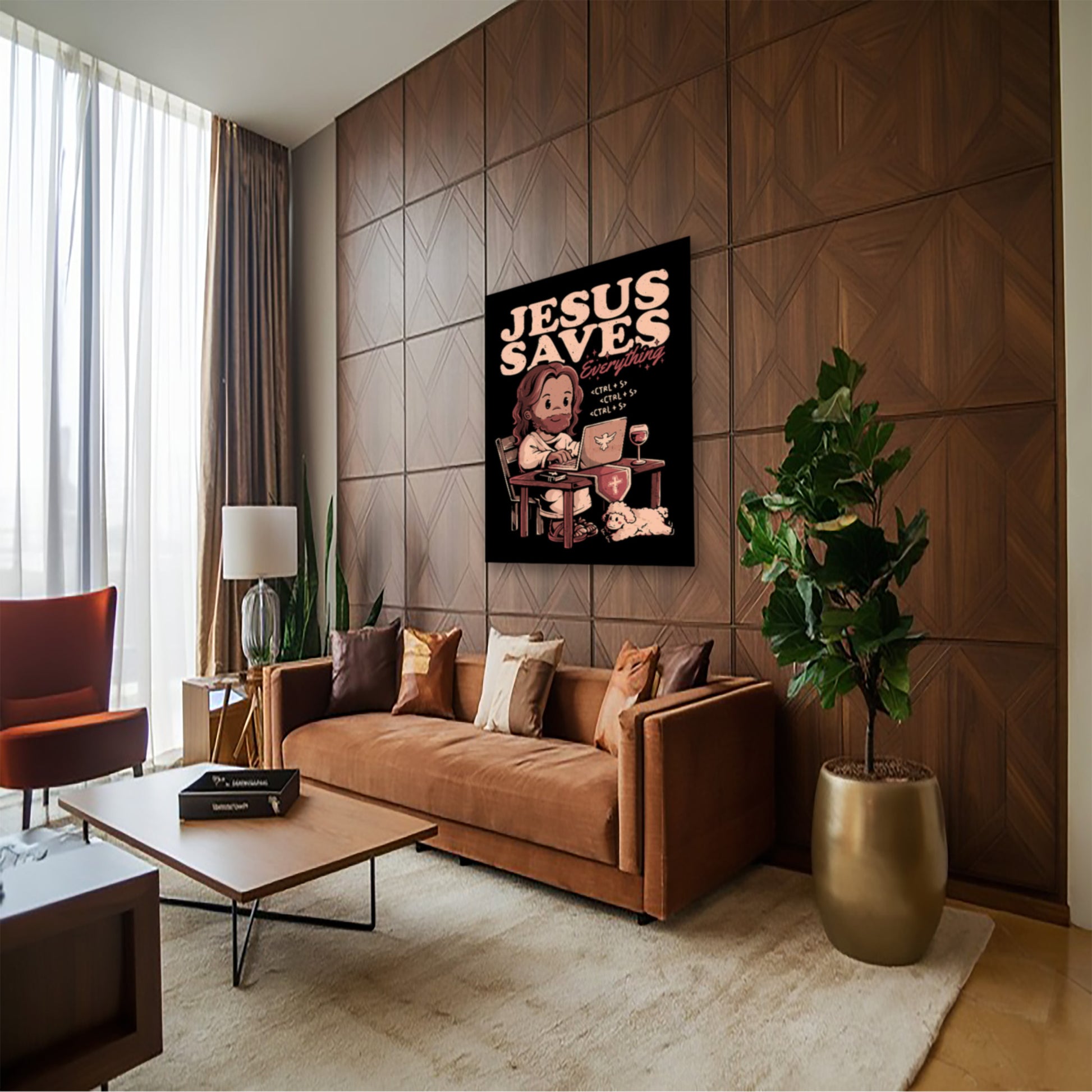 Techie Jesus Poster – Hilarious Christian Computer Pun Wall Decor hung above couch in contemporary living room