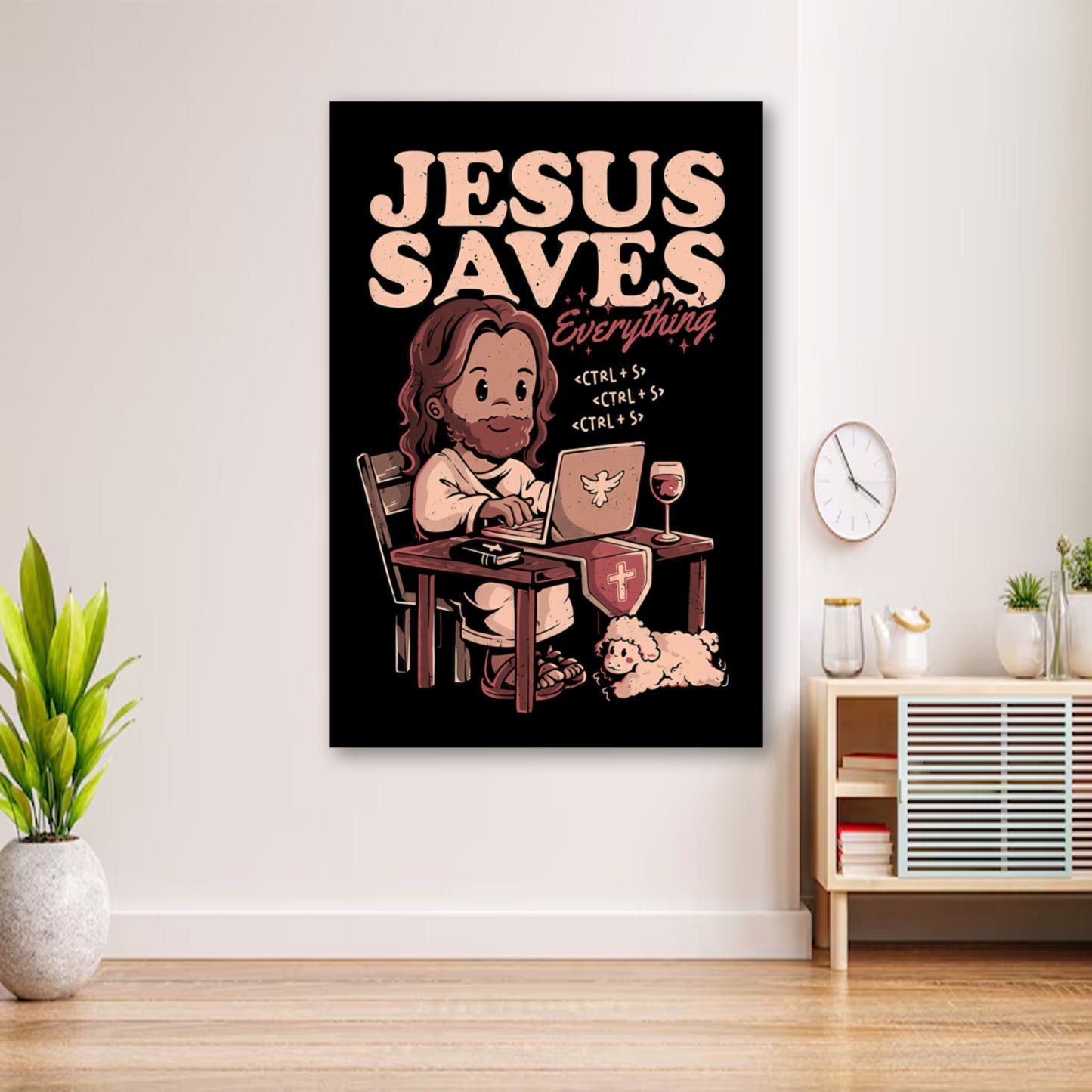 Techie Jesus Poster – Hilarious Christian Computer Pun Wall Decor wall art displayed in cozy portrait-style interior with minimalist decor