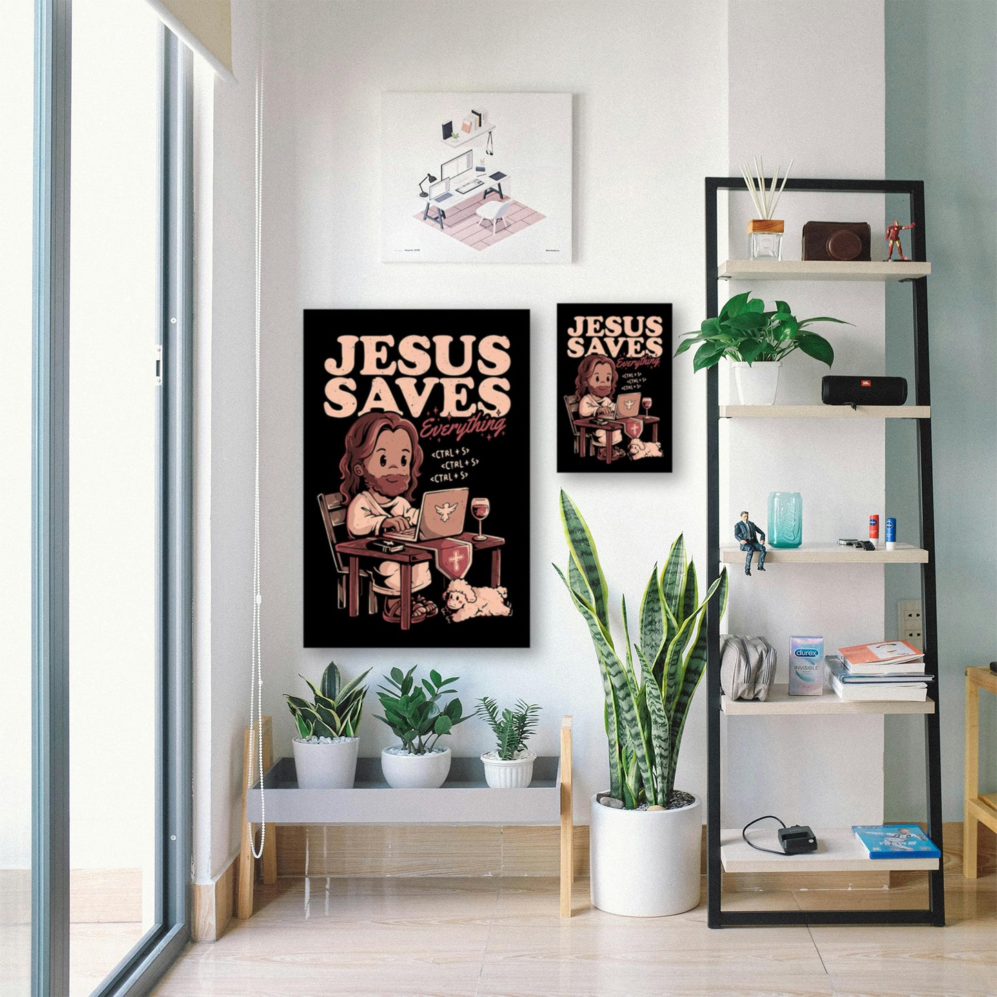 Techie Jesus Poster – Hilarious Christian Computer Pun Wall Decor displayed in bright room with plants and shelf