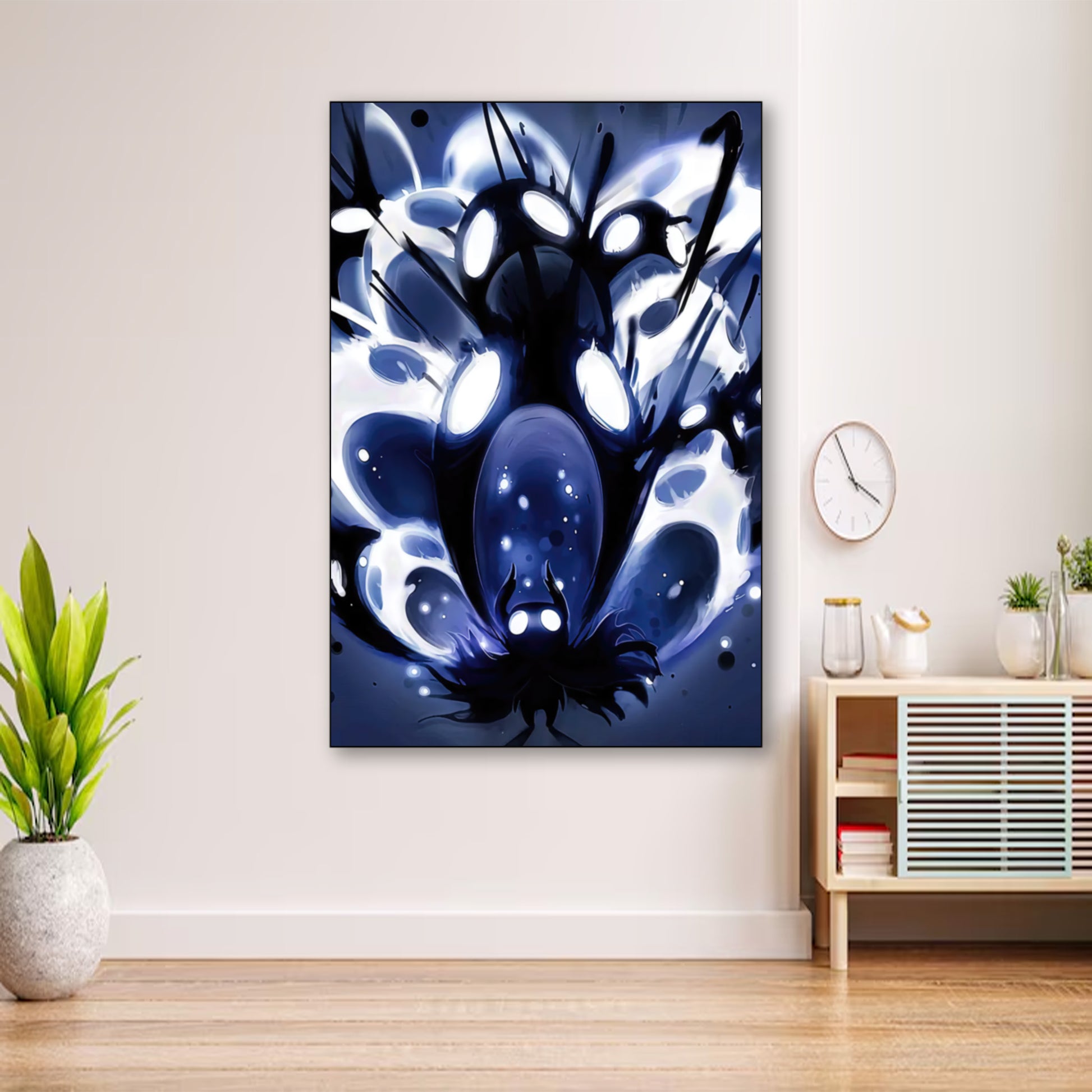 Hollow Knight Void Explosion Poster – Epic Boss Battle Wall Art wall art displayed in cozy portrait-style interior with minimalist decor