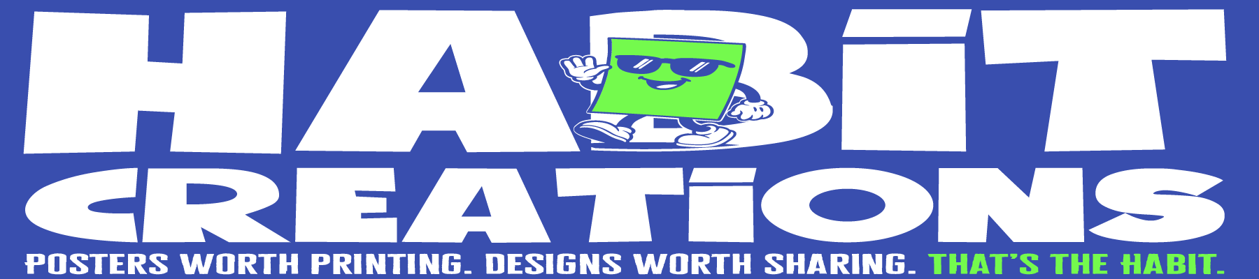 Logo of Habit Creations with a blue background and text about posters and designs.